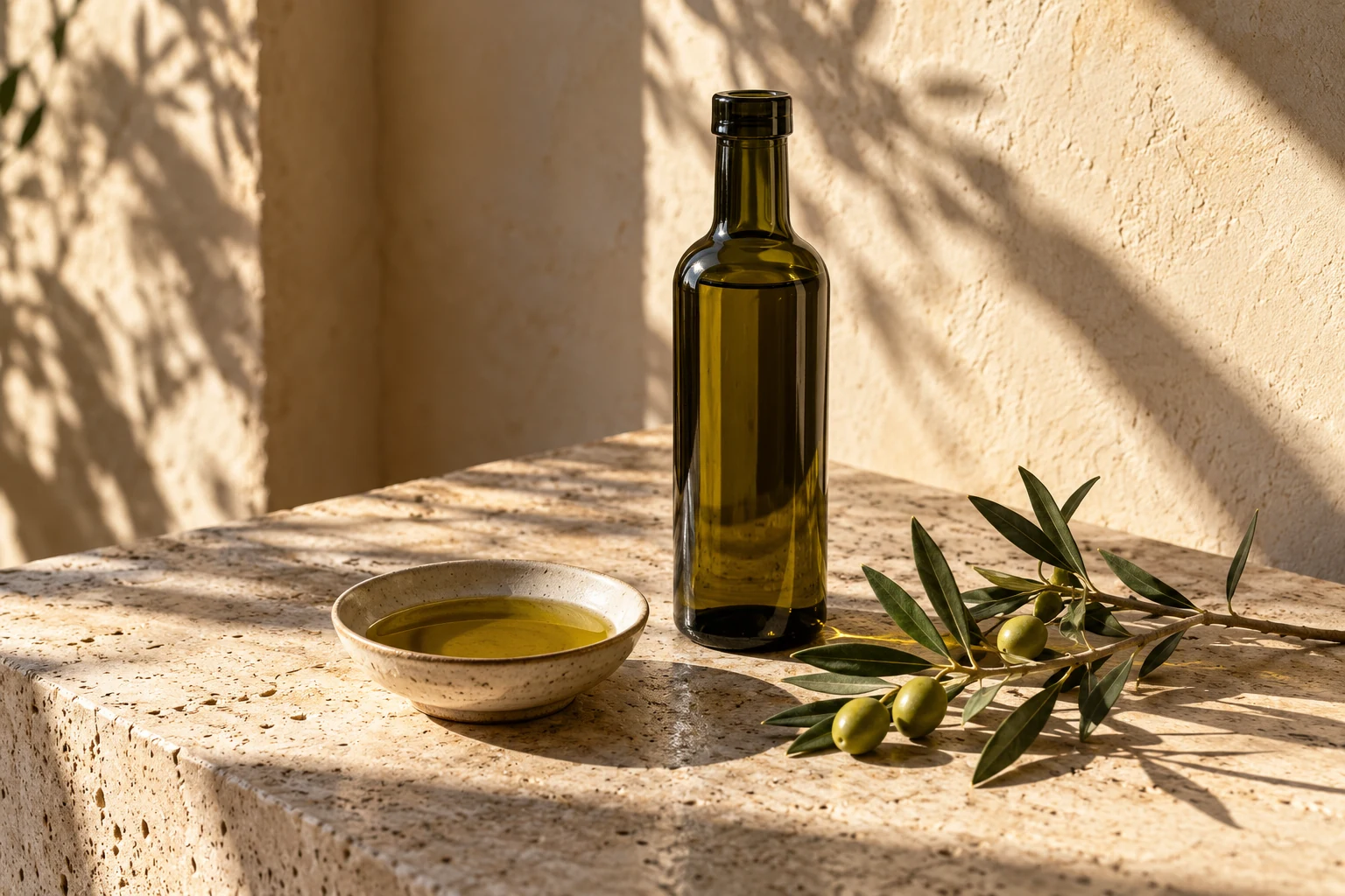 Bouteille en verre vert, bol d’huile d’olive et branche d’olivier sur du travertin au soleil